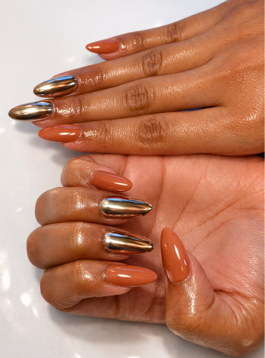 Hand with solid nails, multiple color/finishing options.